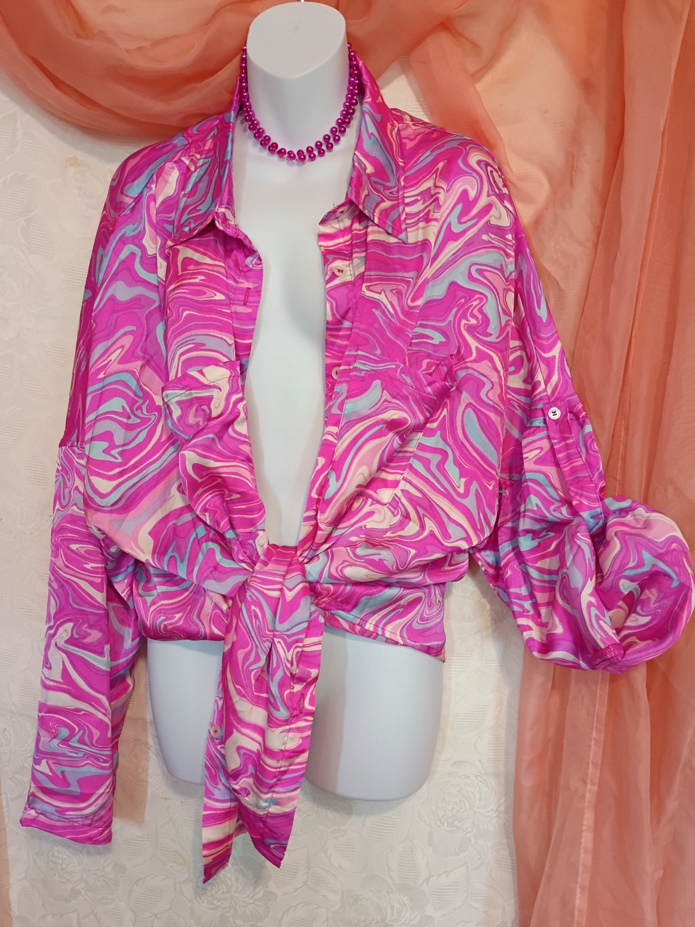 Emily Wonder Ladies Marble-Satin Button-Down Shirt in Hot Pink Sz 1X